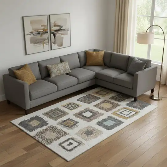 Ivory Gray And Brown Geometric Washable Area Rug With UV Protection Photo 2