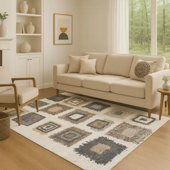 Ivory Gray And Brown Geometric Washable Area Rug With UV Protection Photo 5