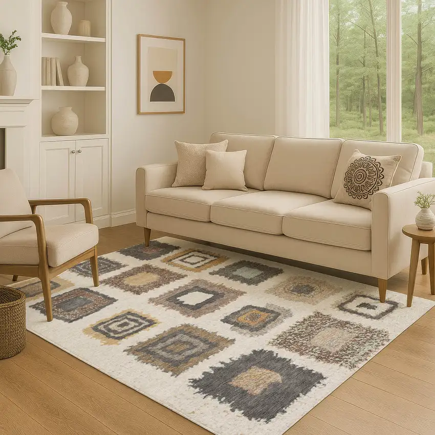 Ivory Gray And Brown Geometric Washable Area Rug With UV Protection Photo 5