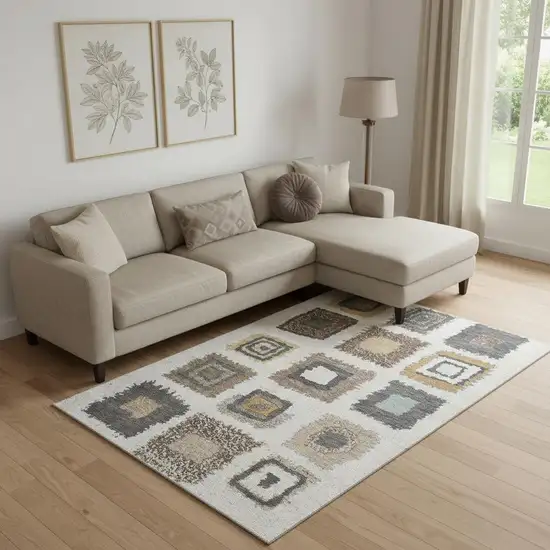 Ivory Gray And Brown Geometric Washable Area Rug With UV Protection Photo 2