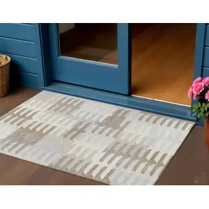 Photo of Ivory Gray And Brown Geometric Washable Indoor Outdoor Area Rug