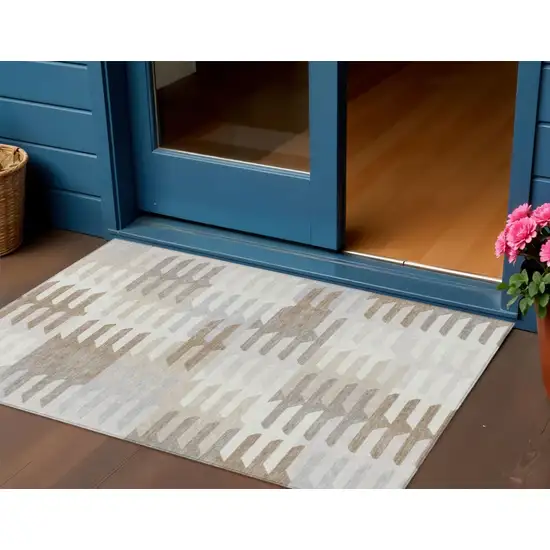 Ivory Gray And Brown Geometric Washable Indoor Outdoor Area Rug Photo 1