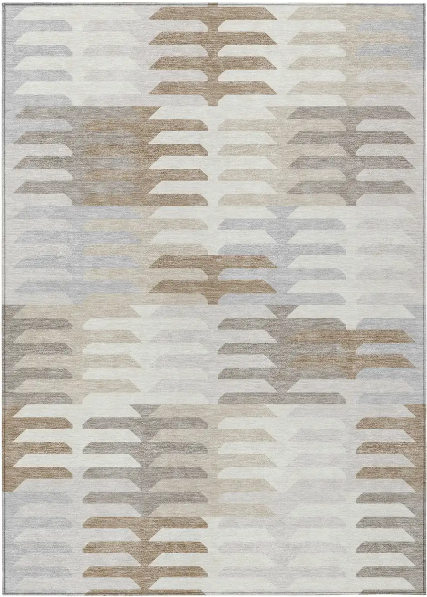 Ivory Gray And Brown Geometric Washable Indoor Outdoor Area Rug Photo 2