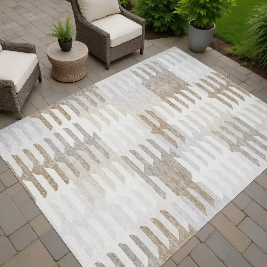 Ivory Gray And Brown Geometric Washable Indoor Outdoor Area Rug Photo 7