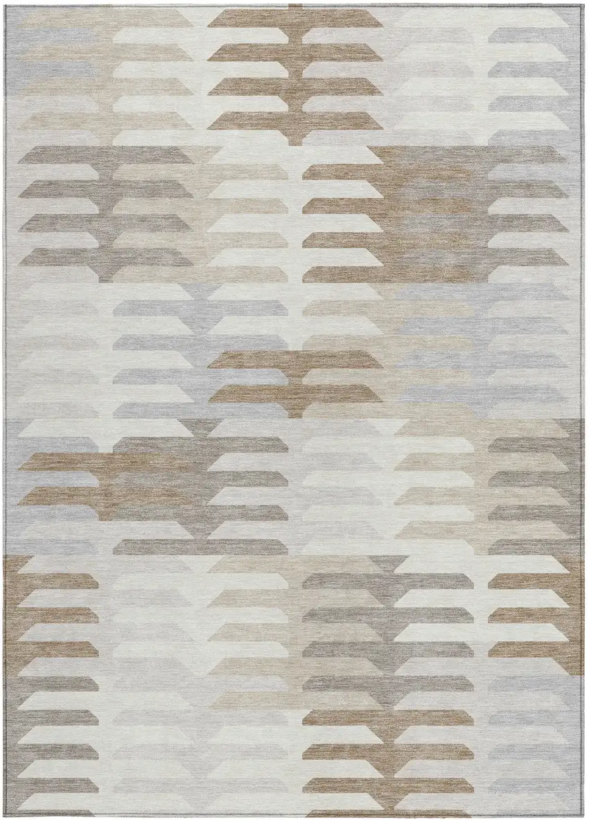Ivory Gray And Brown Geometric Washable Indoor Outdoor Area Rug Photo 4
