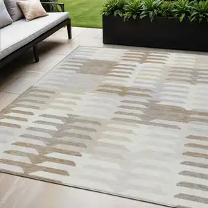 Photo of Ivory Gray And Brown Geometric Washable Indoor Outdoor Area Rug