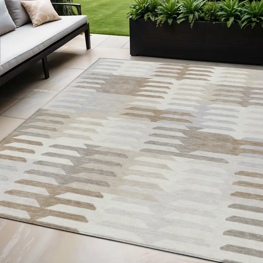 Ivory Gray And Brown Geometric Washable Indoor Outdoor Area Rug Photo 1