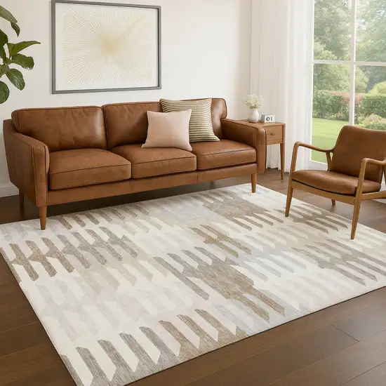 Ivory Gray And Brown Geometric Washable Indoor Outdoor Area Rug Photo 8