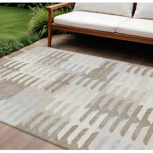 Photo of Ivory Gray And Brown Geometric Washable Indoor Outdoor Area Rug