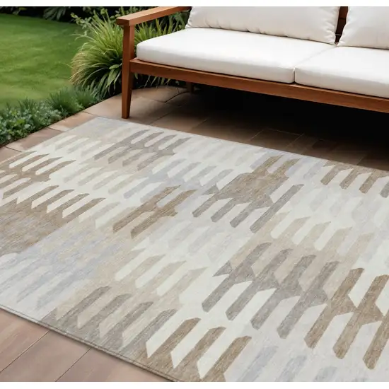 Ivory Gray And Brown Geometric Washable Indoor Outdoor Area Rug Photo 1