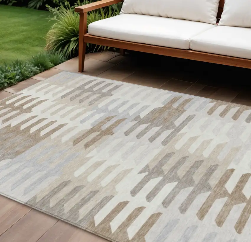 Ivory Gray And Brown Geometric Washable Indoor Outdoor Area Rug Photo 1