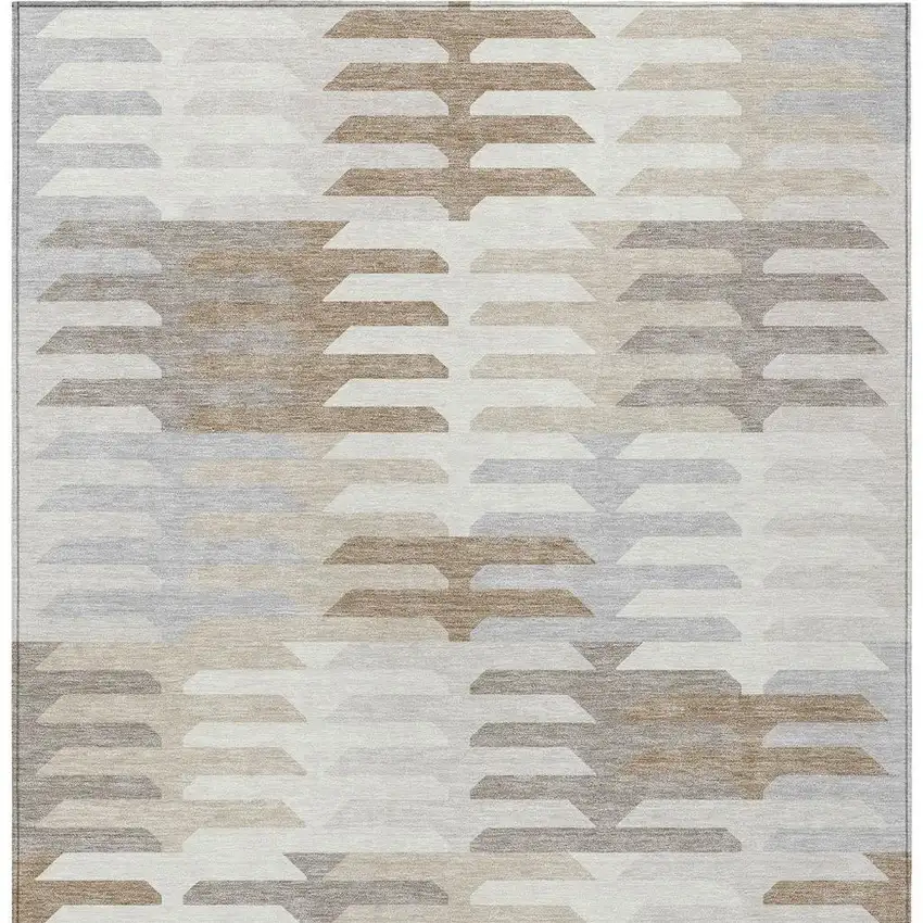 Ivory Gray And Brown Geometric Washable Indoor Outdoor Area Rug Photo 4