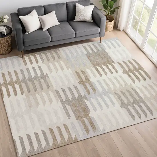 Ivory Gray And Brown Geometric Washable Indoor Outdoor Area Rug Photo 9