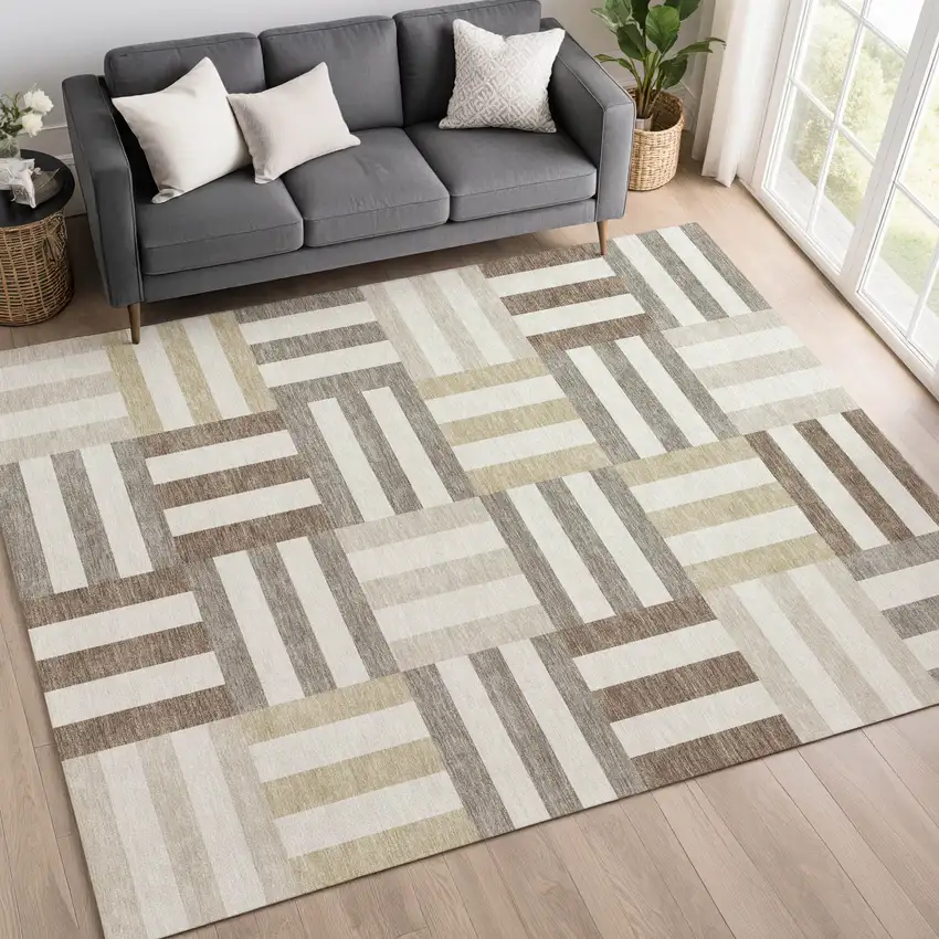 Ivory Gray And Brown Geometric Washable Indoor Outdoor Area Rug Photo 9