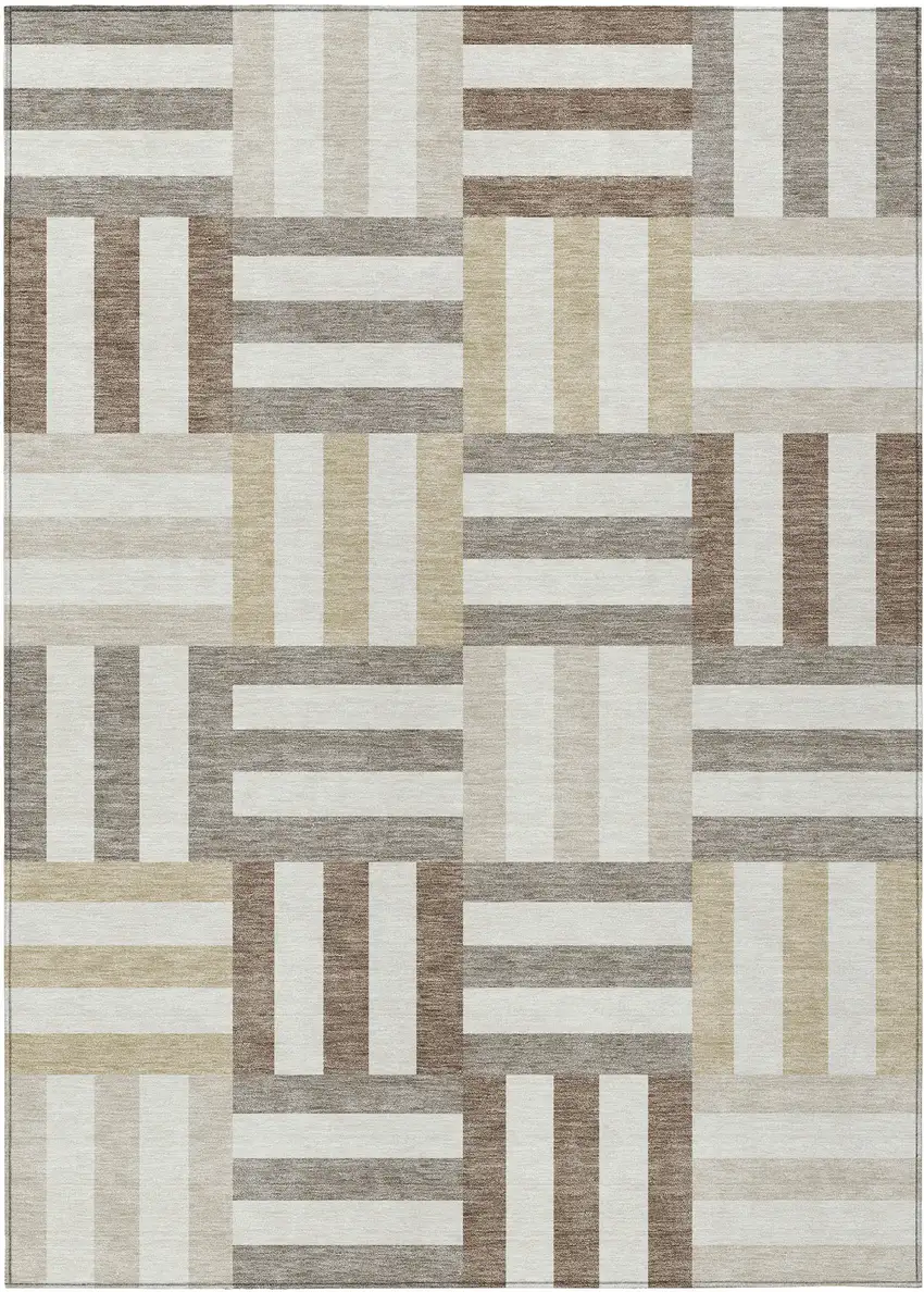 Ivory Gray And Brown Geometric Washable Indoor Outdoor Area Rug Photo 2