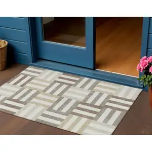 Photo of Ivory Gray And Brown Geometric Washable Indoor Outdoor Area Rug