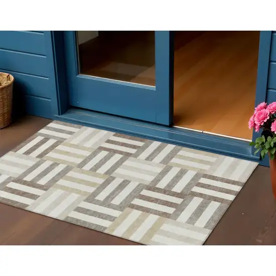 Ivory Gray And Brown Geometric Washable Indoor Outdoor Area Rug Photo 1