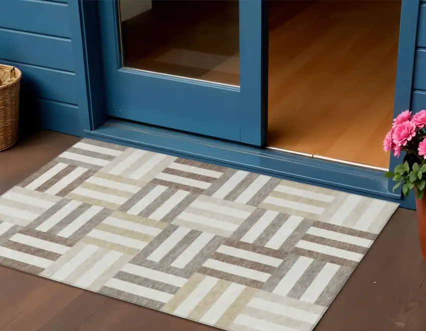 Ivory Gray And Brown Geometric Washable Indoor Outdoor Area Rug Photo 1