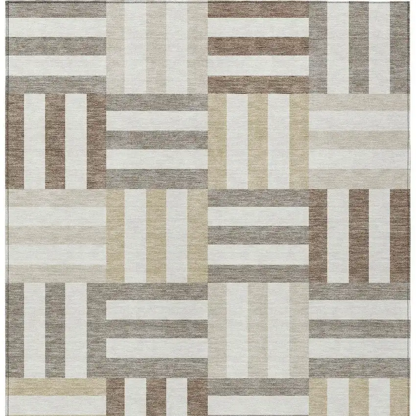 Ivory Gray And Brown Geometric Washable Indoor Outdoor Area Rug Photo 6