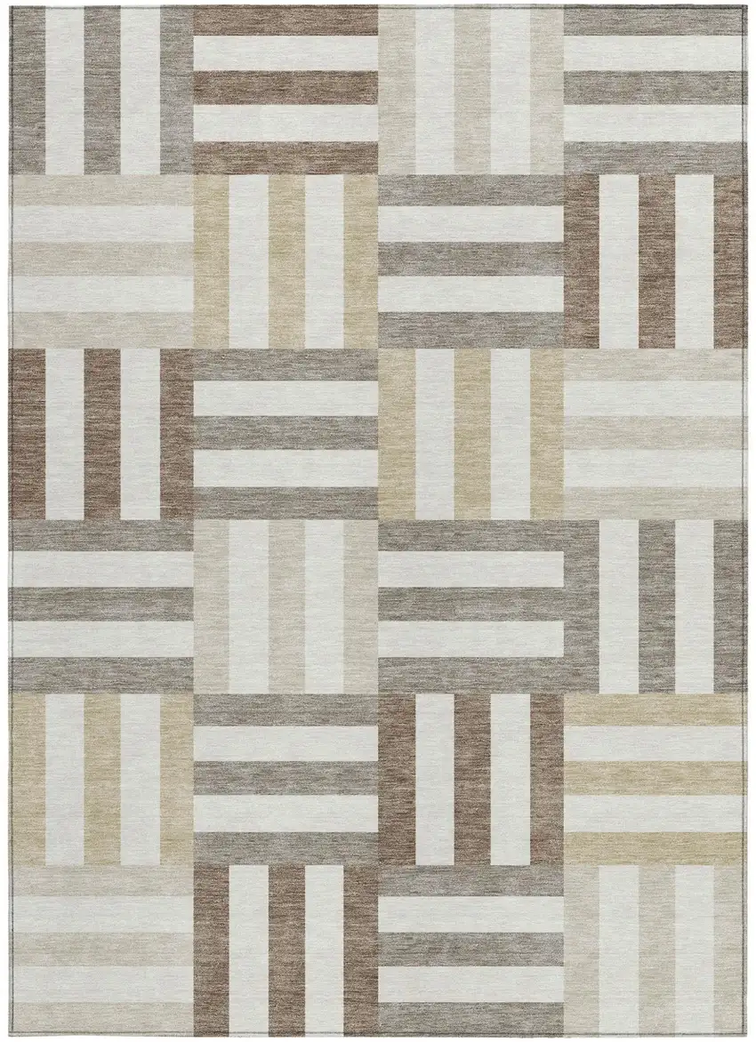 Ivory Gray And Brown Geometric Washable Indoor Outdoor Area Rug Photo 3