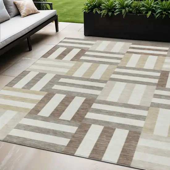 Ivory Gray And Brown Geometric Washable Indoor Outdoor Area Rug Photo 1