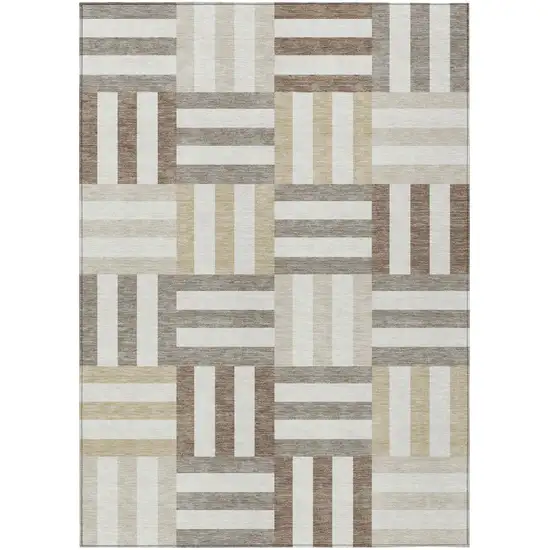 Ivory Gray And Brown Geometric Washable Indoor Outdoor Area Rug Photo 2