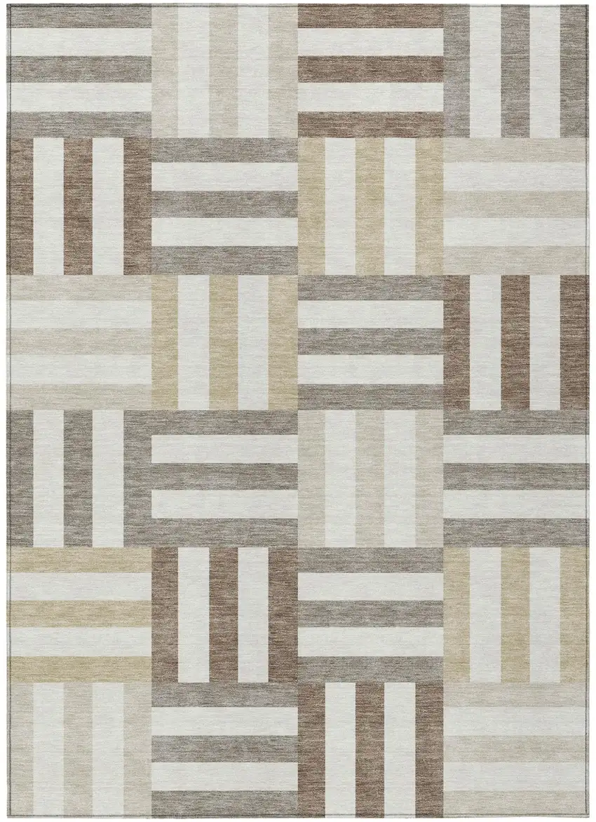 Ivory Gray And Brown Geometric Washable Indoor Outdoor Area Rug Photo 2
