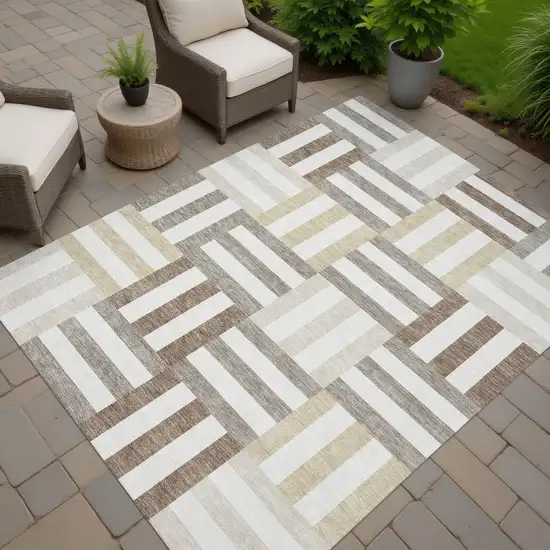 Ivory Gray And Brown Geometric Washable Indoor Outdoor Area Rug Photo 8