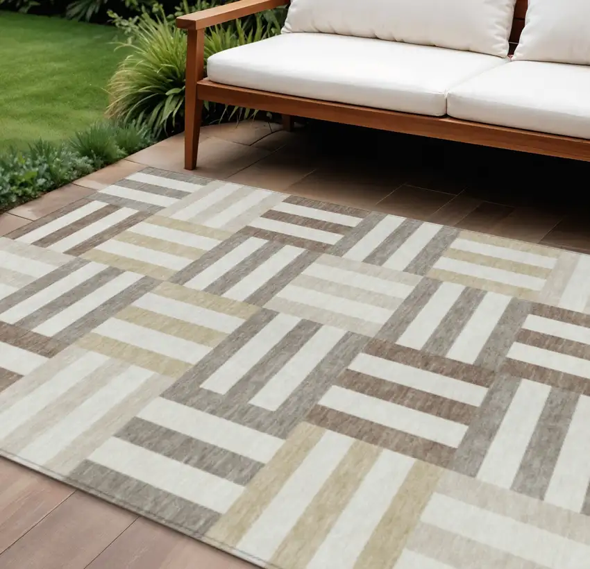 Ivory Gray And Brown Geometric Washable Indoor Outdoor Area Rug Photo 1