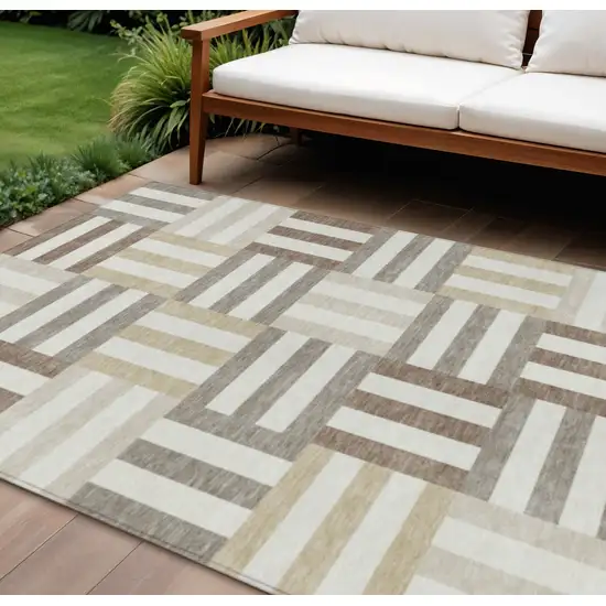 Ivory Gray And Brown Geometric Washable Indoor Outdoor Area Rug Photo 1
