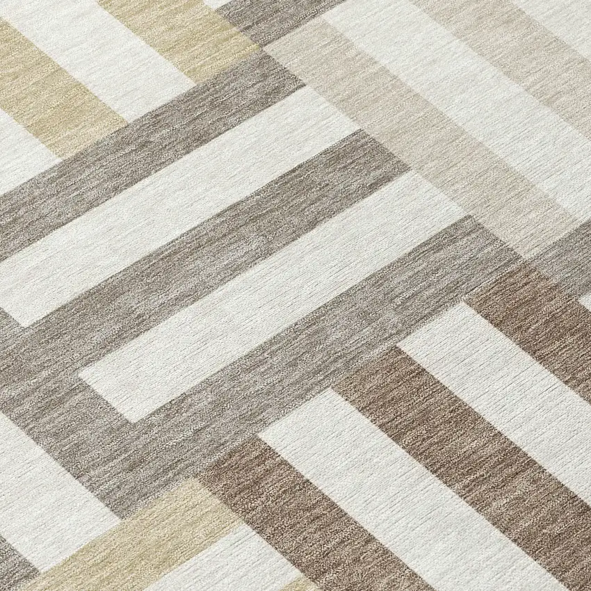 Ivory Gray And Brown Geometric Washable Indoor Outdoor Area Rug Photo 7