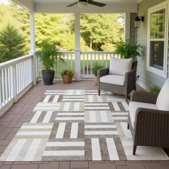 Ivory Gray And Brown Geometric Washable Indoor Outdoor Area Rug Photo 9