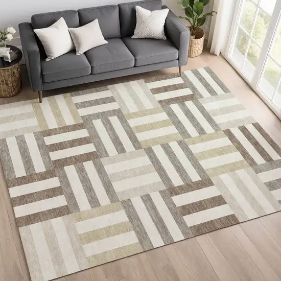 Ivory Gray And Brown Geometric Washable Indoor Outdoor Area Rug Photo 9