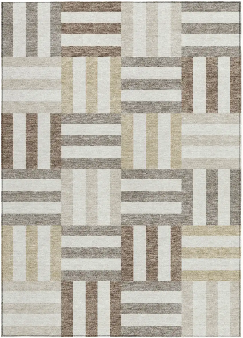Ivory Gray And Brown Geometric Washable Indoor Outdoor Area Rug Photo 4