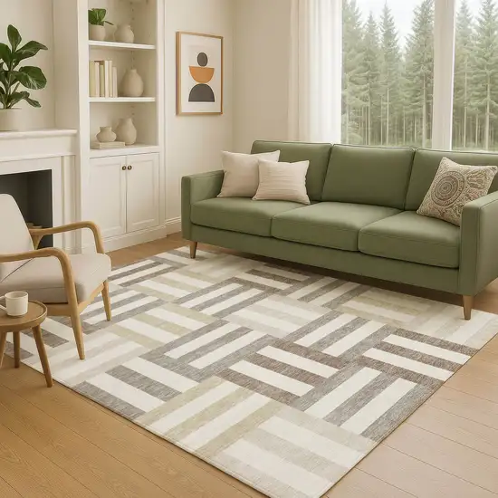 Ivory Gray And Brown Geometric Washable Indoor Outdoor Area Rug Photo 9