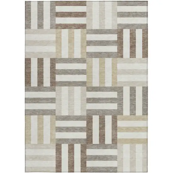Ivory Gray And Brown Geometric Washable Indoor Outdoor Area Rug Photo 4
