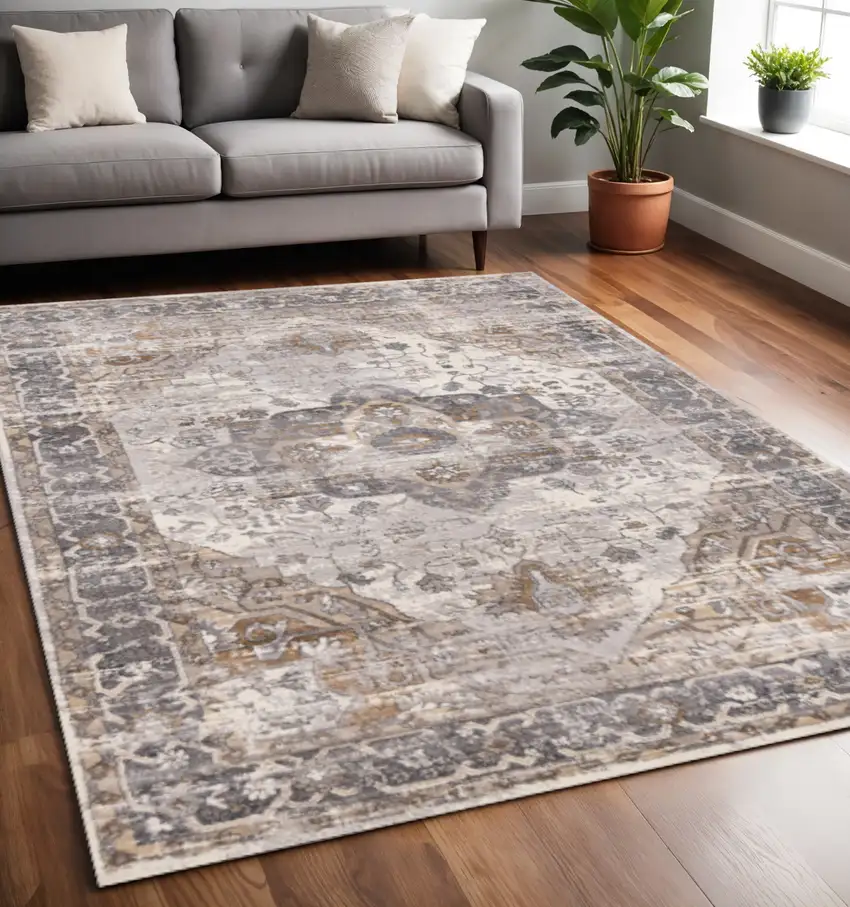 Ivory Gray And Brown Medallion Area Rug Photo 1