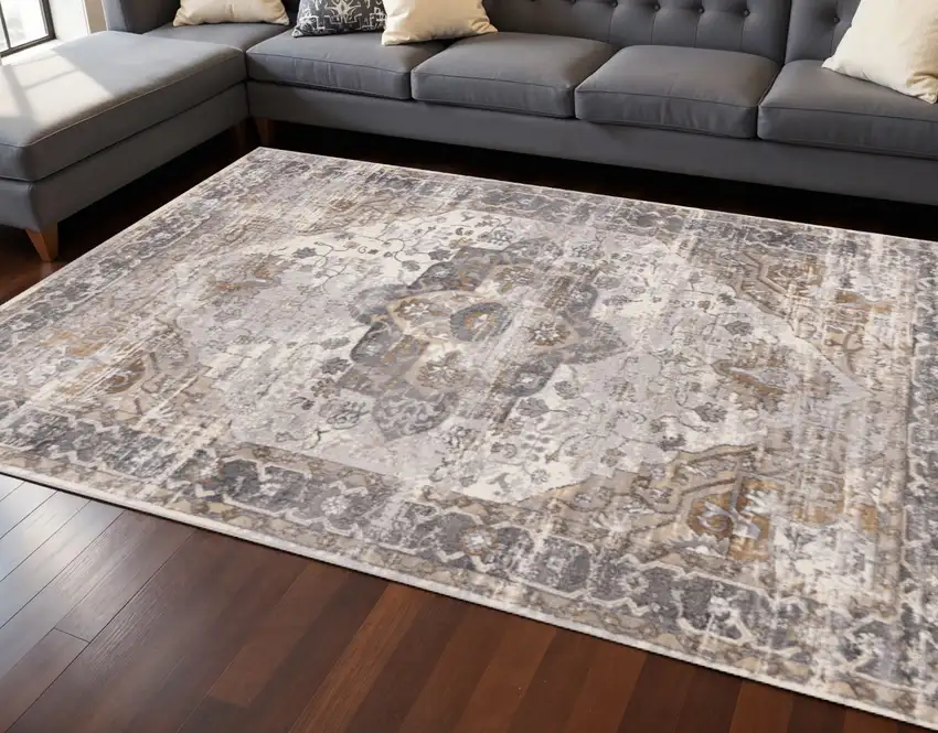 Ivory Gray And Brown Medallion Area Rug Photo 1