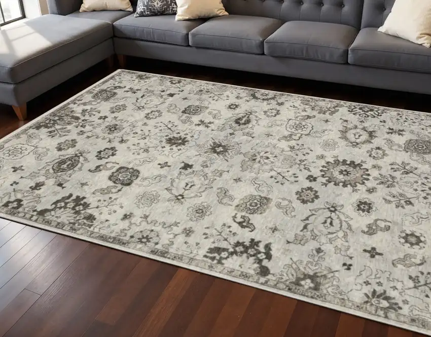 Ivory Gray And Brown Oriental Area Rug With Fringe Photo 1