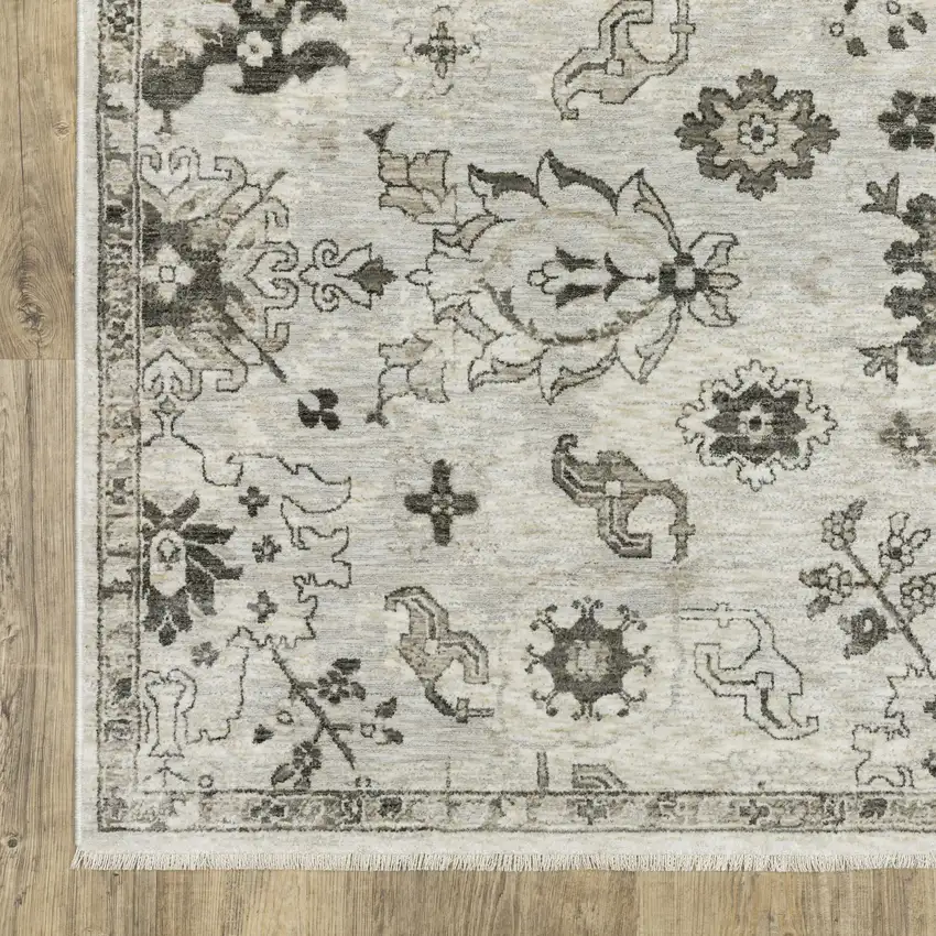 Ivory Gray And Brown Oriental Area Rug With Fringe Photo 2