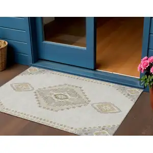 Photo of Ivory Gray And Brown Oriental Washable Indoor Outdoor Area Rug