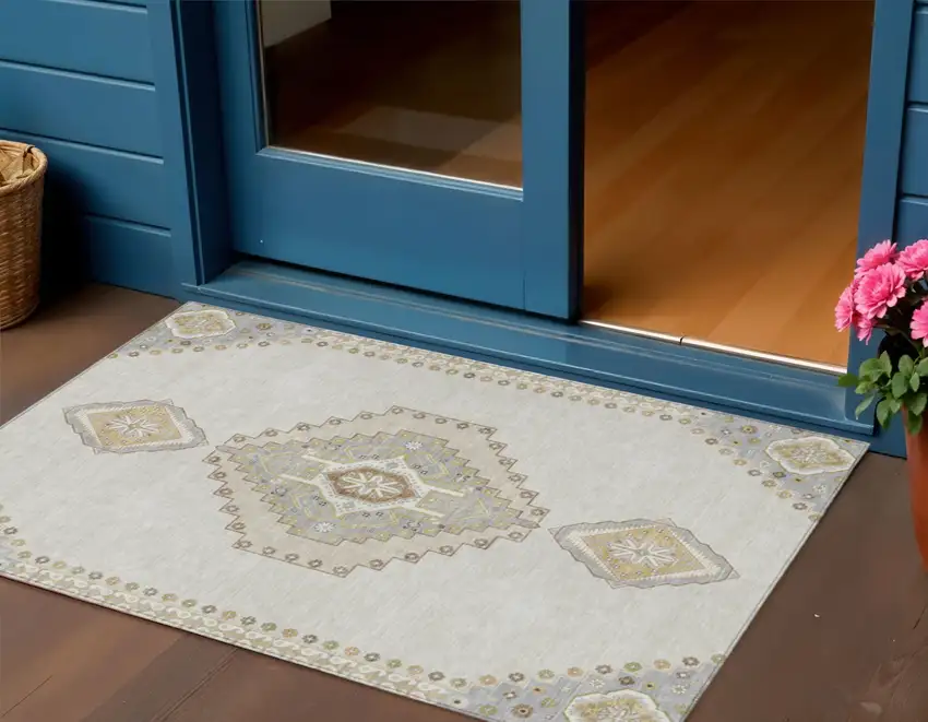 Ivory Gray And Brown Oriental Washable Indoor Outdoor Area Rug Photo 1