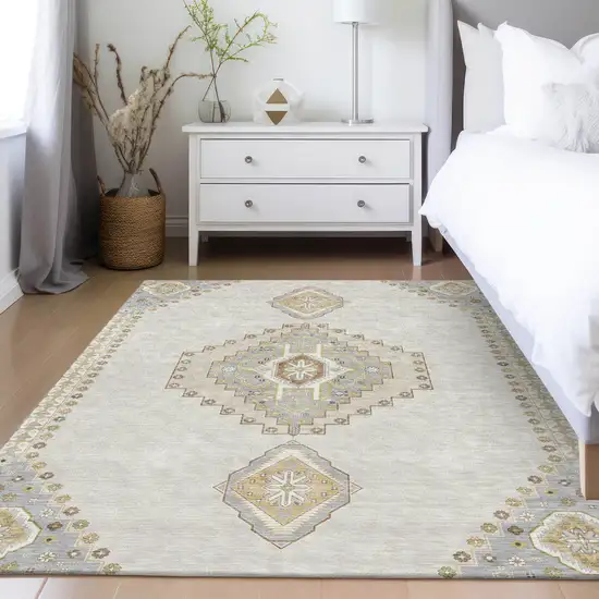 Ivory Gray And Brown Oriental Washable Indoor Outdoor Area Rug Photo 9