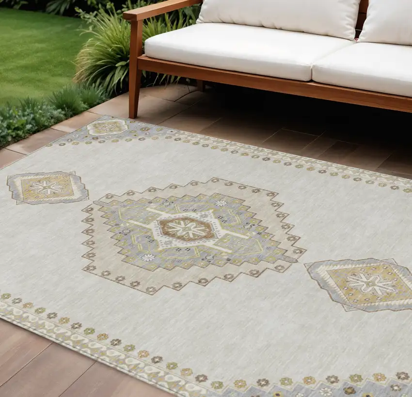 Ivory Gray And Brown Oriental Washable Indoor Outdoor Area Rug Photo 1