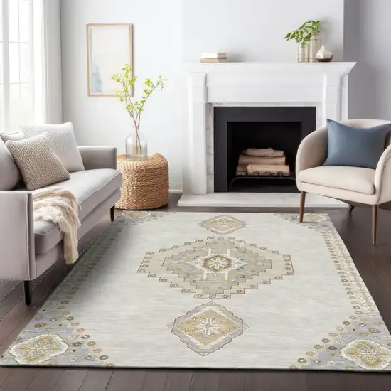 Ivory Gray And Brown Oriental Washable Indoor Outdoor Area Rug Photo 9