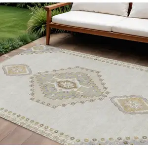 Photo of Ivory Gray And Brown Oriental Washable Indoor Outdoor Area Rug