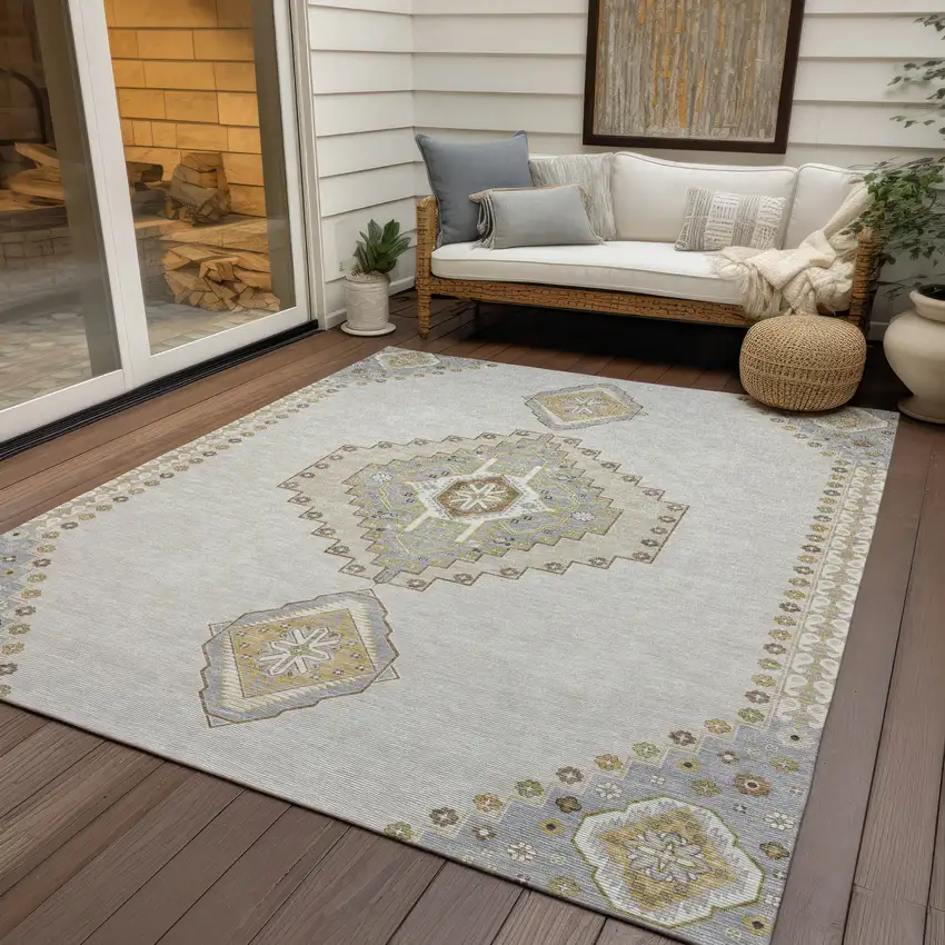 Ivory Gray And Brown Oriental Washable Indoor Outdoor Area Rug Photo 8