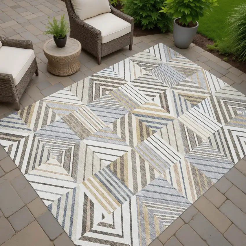 Ivory Gray And Brown Patchwork Washable Indoor Outdoor Area Rug Photo 7