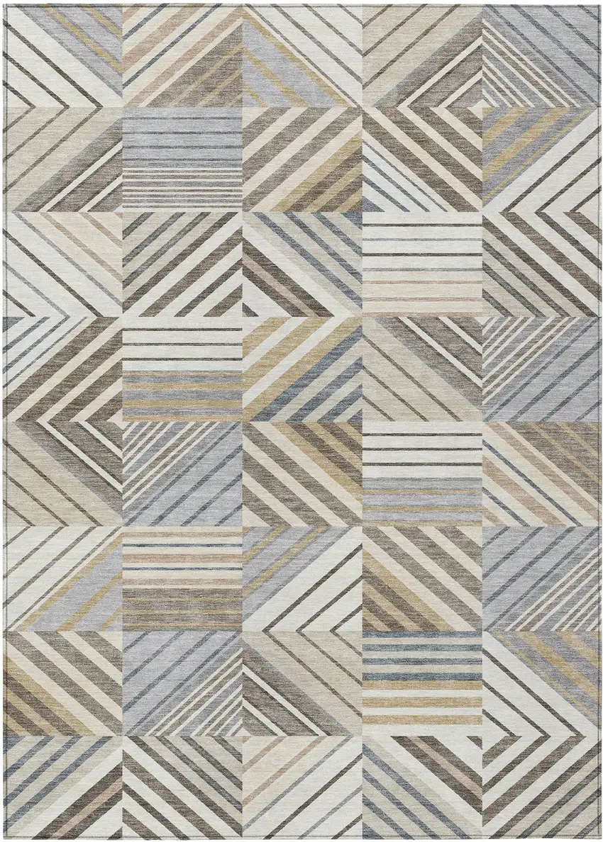 Ivory Gray And Brown Patchwork Washable Indoor Outdoor Area Rug Photo 1