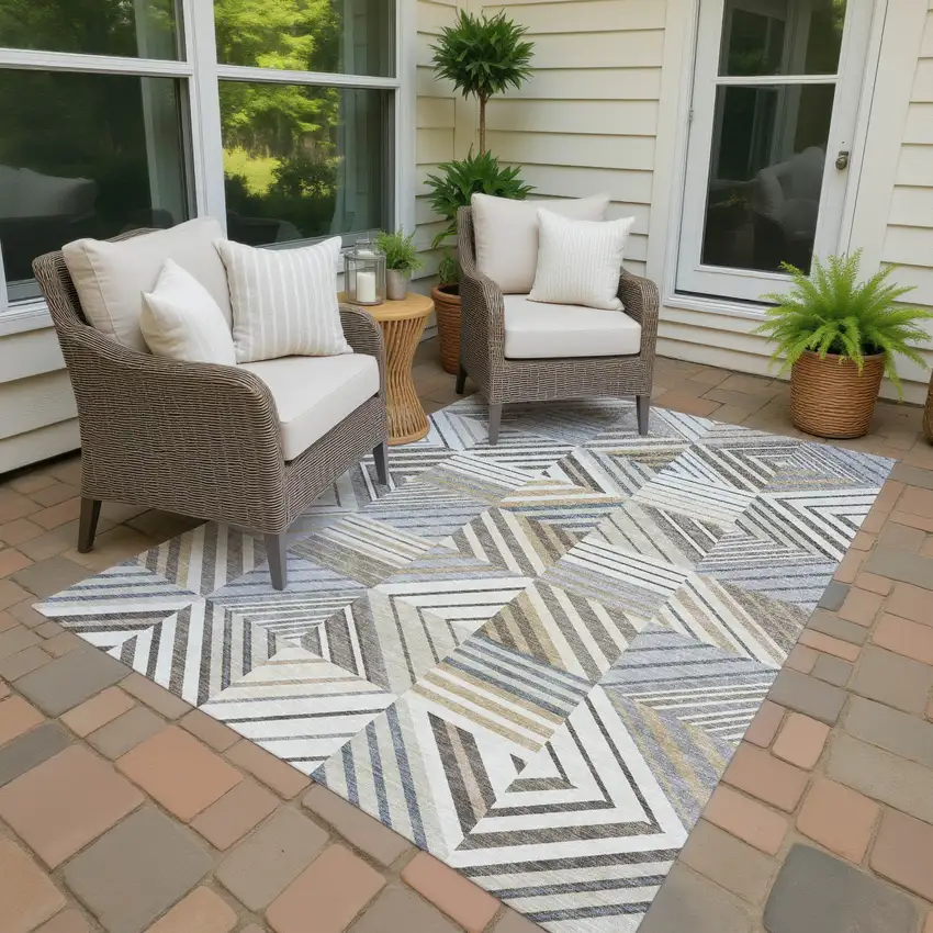 Ivory Gray And Brown Patchwork Washable Indoor Outdoor Area Rug Photo 4